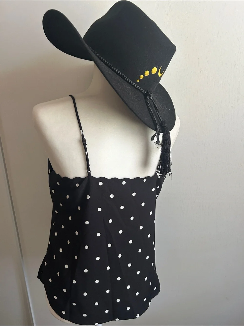 J. Crew Black with White Polka Dot Scallop V-Neck Cami